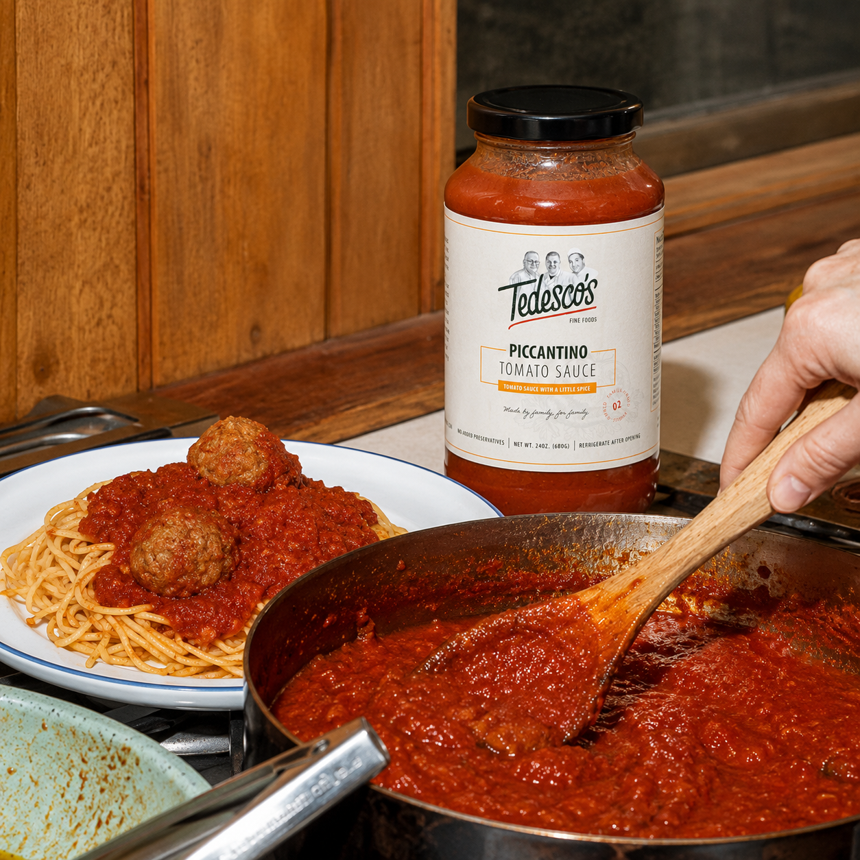 Piccantino jar beside spaghetti and meatballs with sauce simmering in a pan