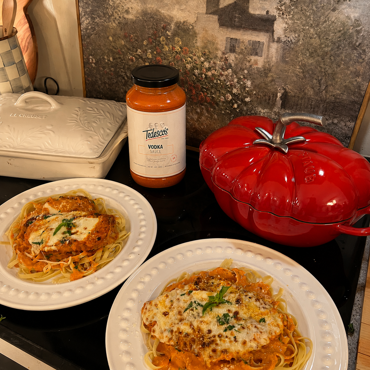 A vodka sauce dinner made with Tedesco's Vodka Sauce